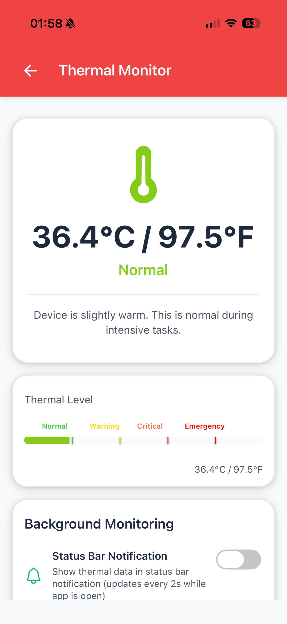 PhoneTemperature Home Screen